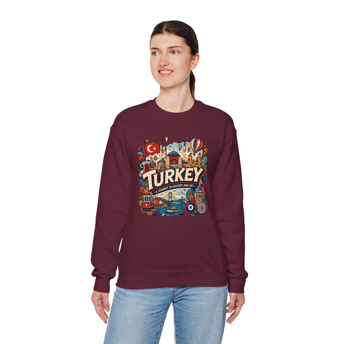 Maroon crewneck sweatshirt with large Turkey city graphic at the center front