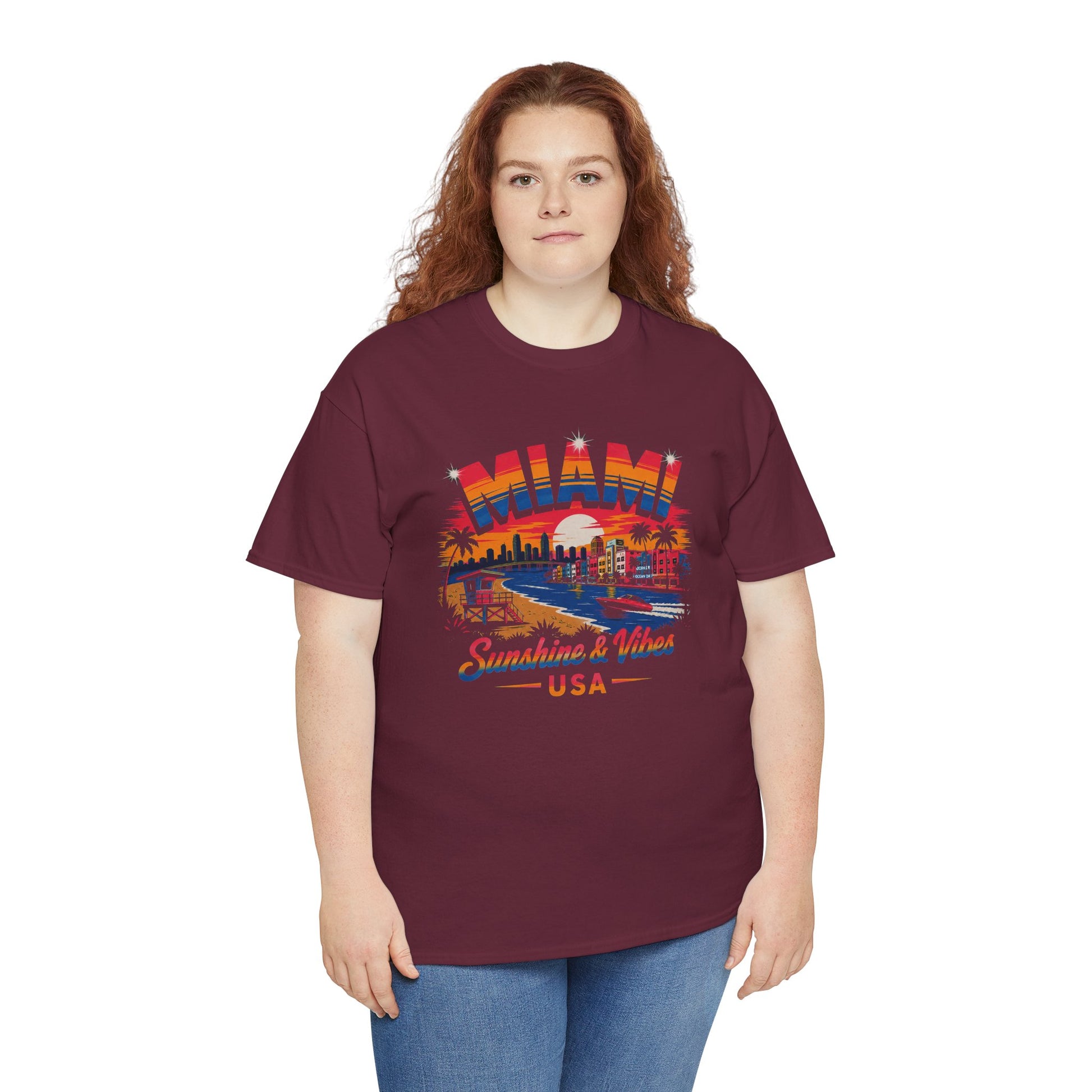 Maroon crewneck T-shirt with Miami street graphic and “Sunshine & Vibes USA” text