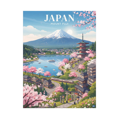 Mount Fuji cherry blossom scenic stretched canvas wall art, train route and pagoda