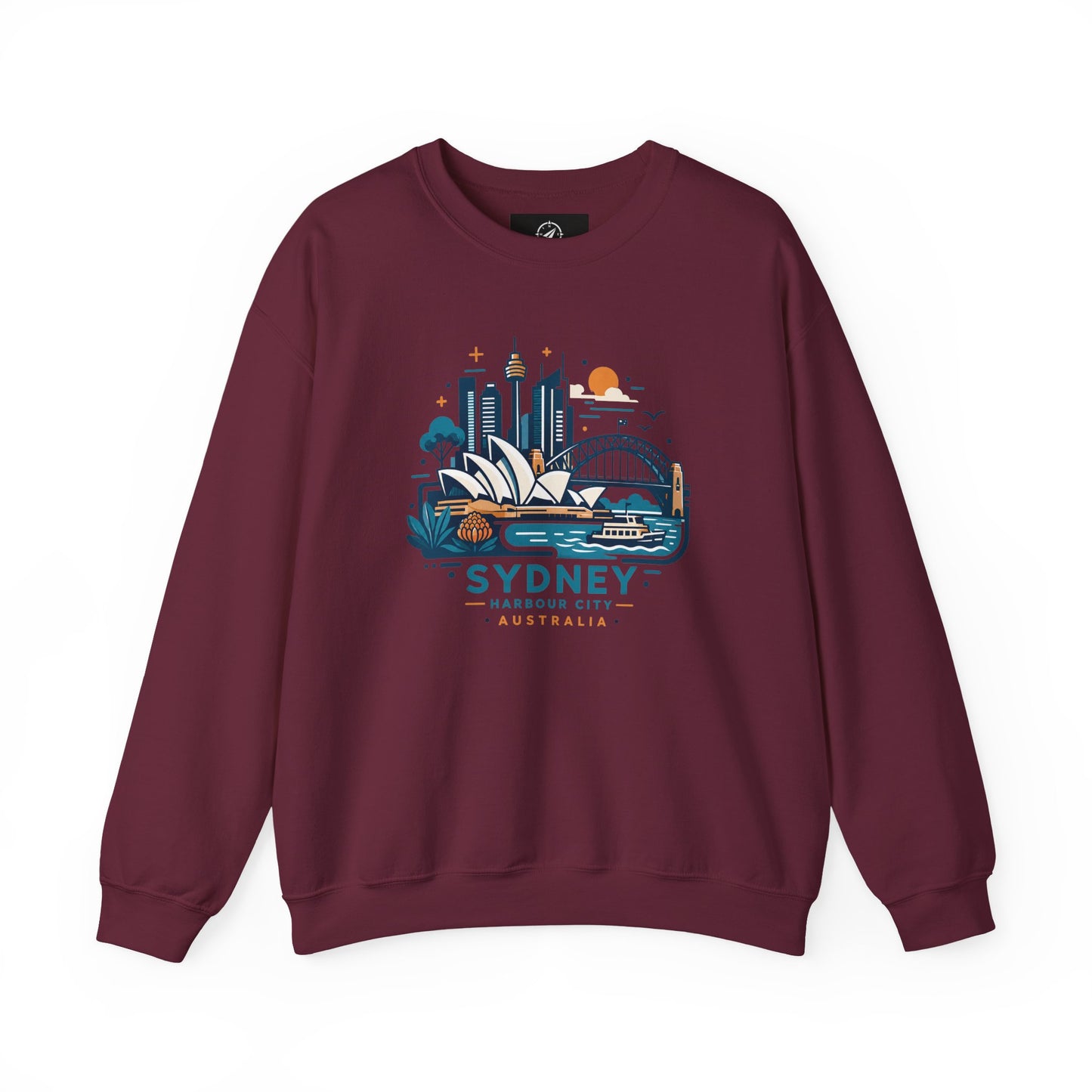 Maroon crewneck sweatshirt with colorful Sydney harbor city graphic on chest