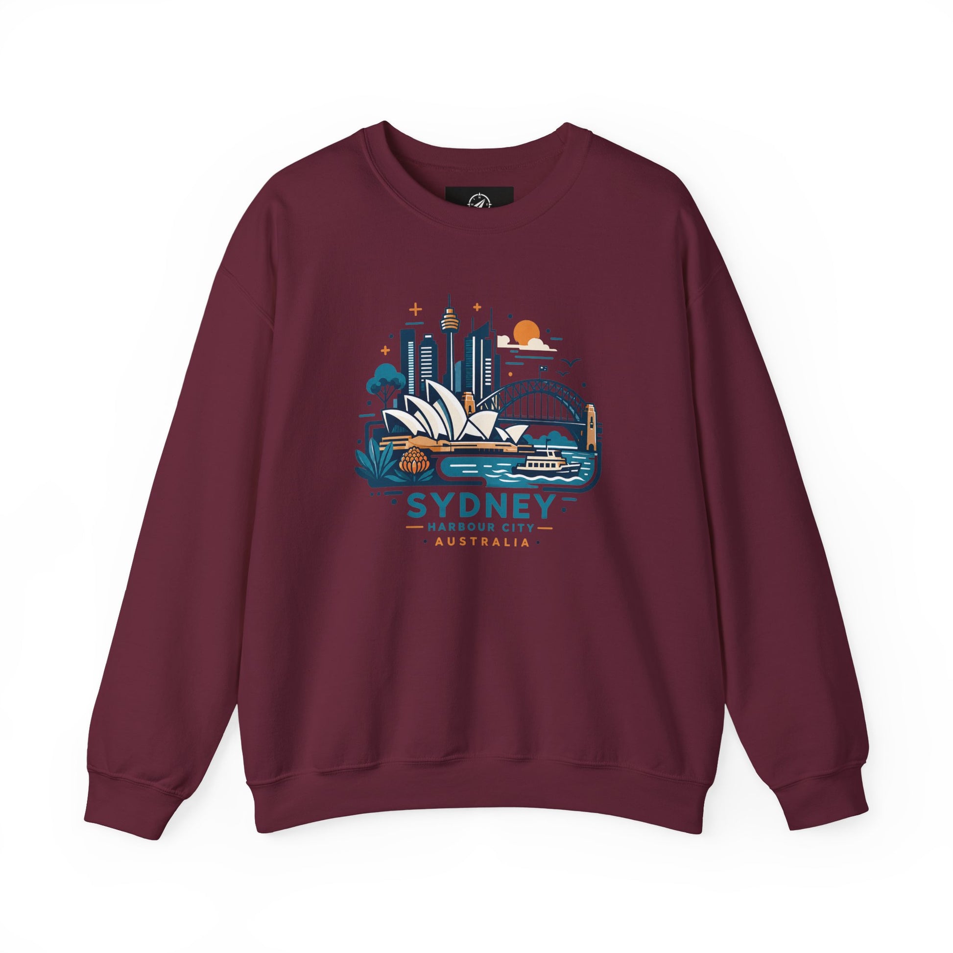 Maroon crewneck sweatshirt with colorful Sydney harbor city graphic on chest