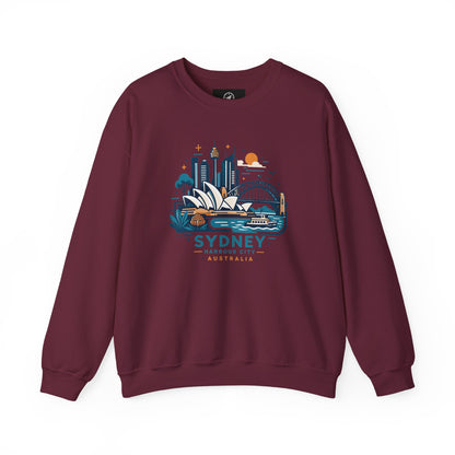 Maroon crewneck sweatshirt with colorful Sydney harbor city graphic on chest