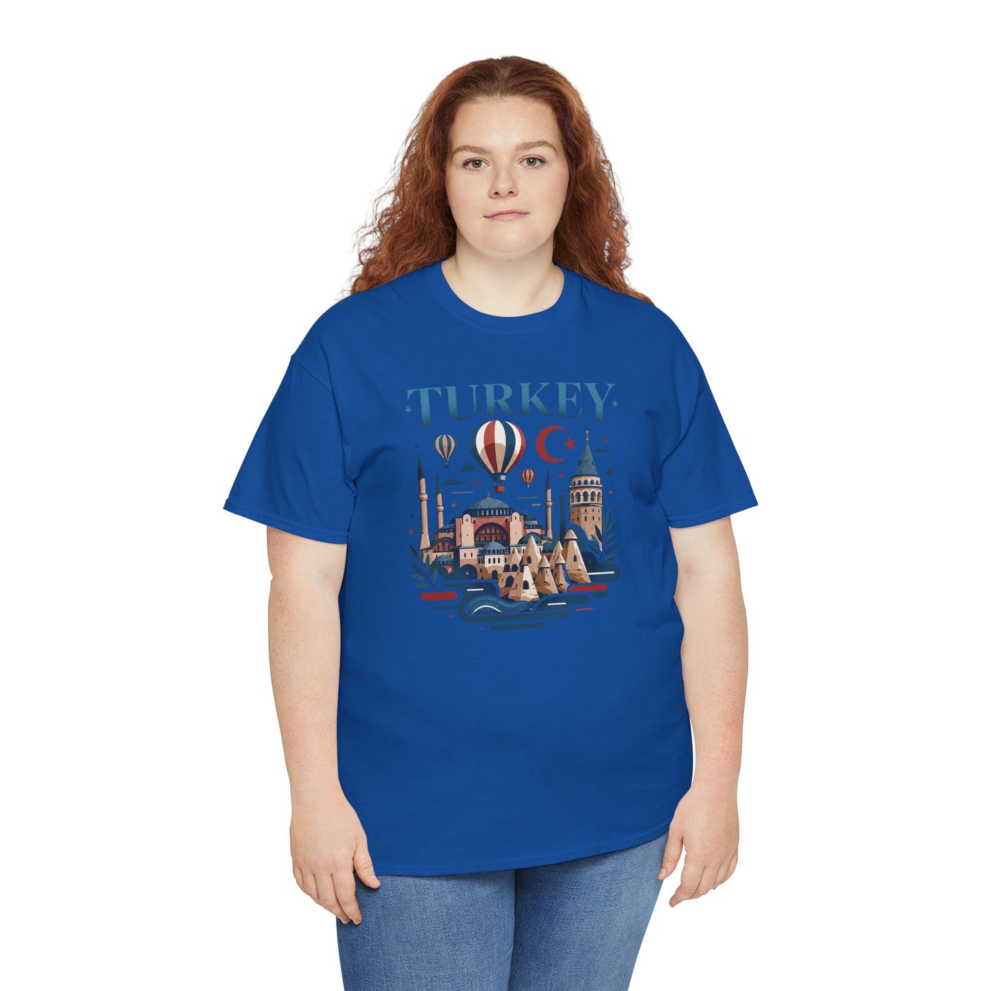 Blue T-shirt with Turkey skyline and hot air balloon graphic