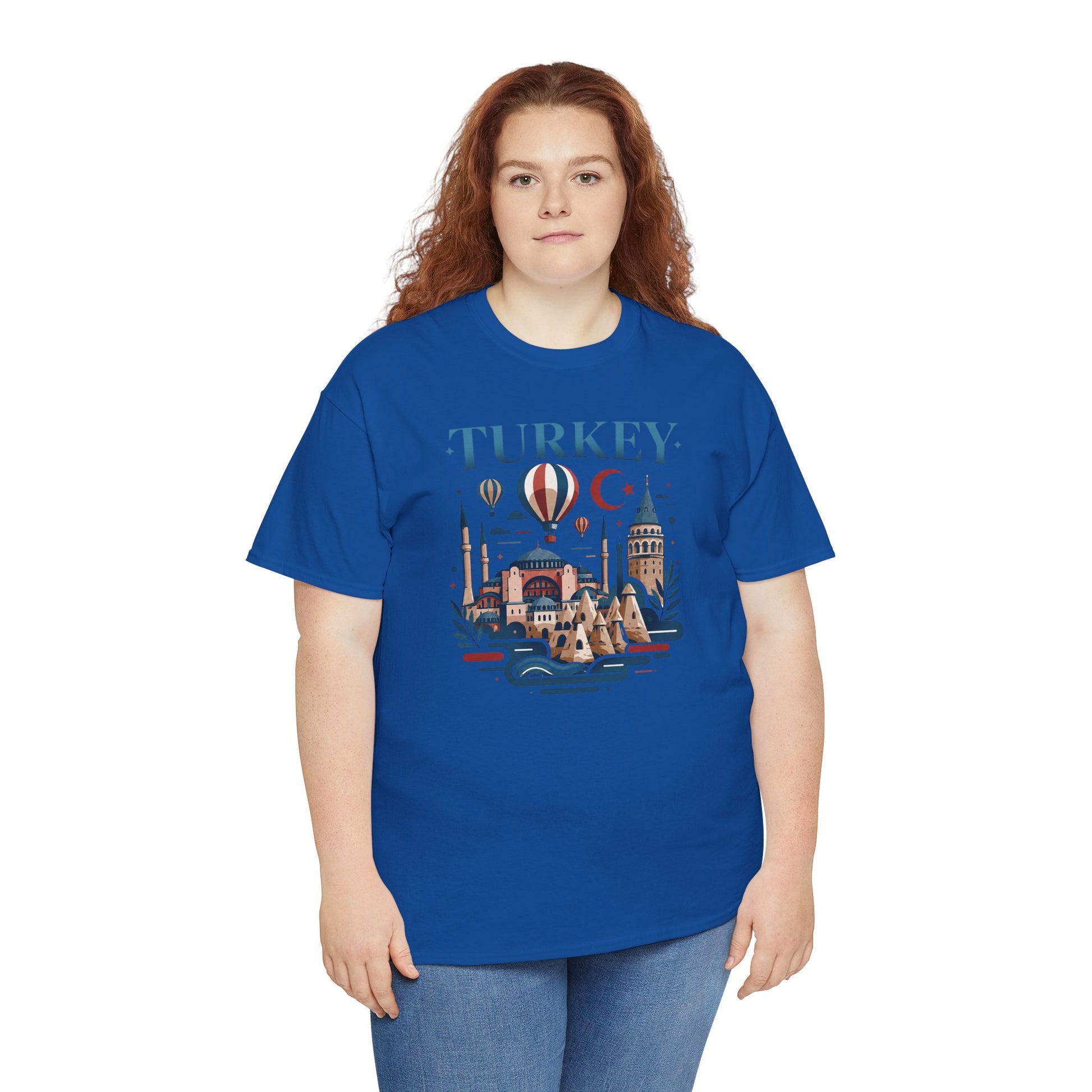 Blue T-shirt with Turkey skyline and hot air balloon graphic