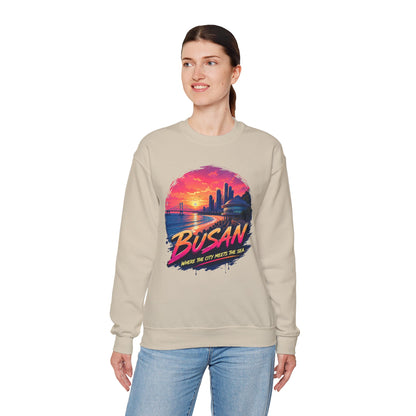 Light beige crewneck sweatshirt with Busan sunrise city graphic on the chest.