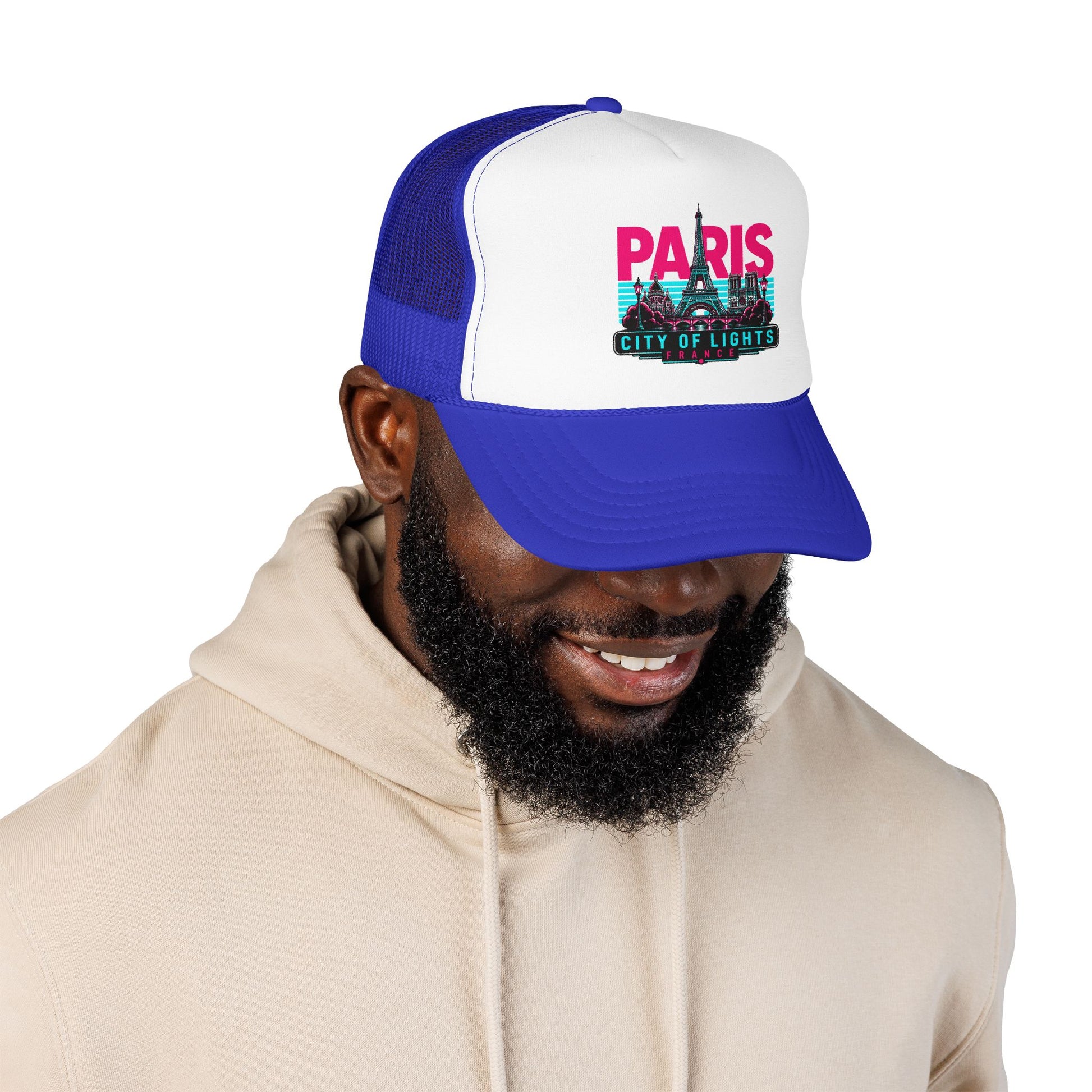 White-and-royal blue trucker hat with “PARIS City of Lights” logo on the front