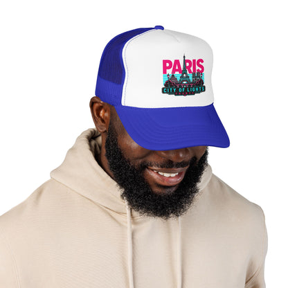 White-and-royal blue trucker hat with “PARIS City of Lights” logo on the front