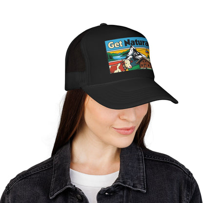 Black trucker hat with Get Natural logo patch, worn with dark jacket