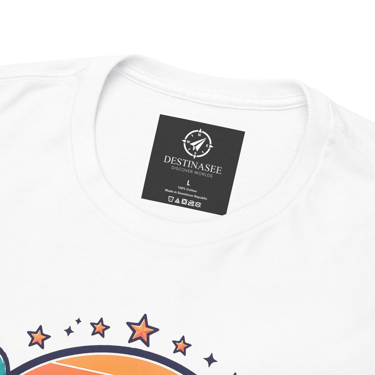 White crewneck T-shirt with small neck tag and partial colorful front graphic