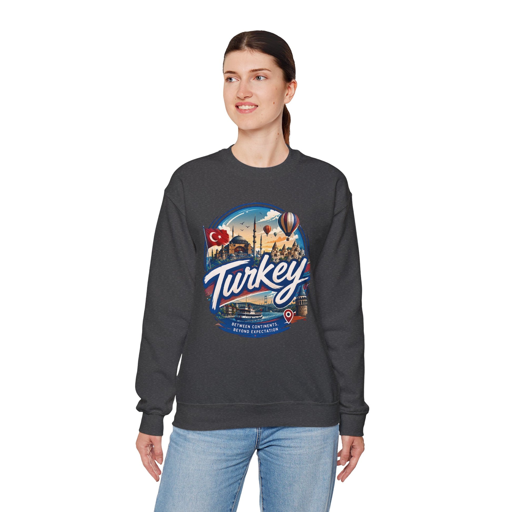Charcoal crewneck sweatshirt with Turkey graphic on front, ribbed cuffs and hem.