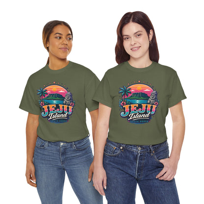 Olive green T-shirt with colorful “JEJU Island” sunset palm and skull graphic