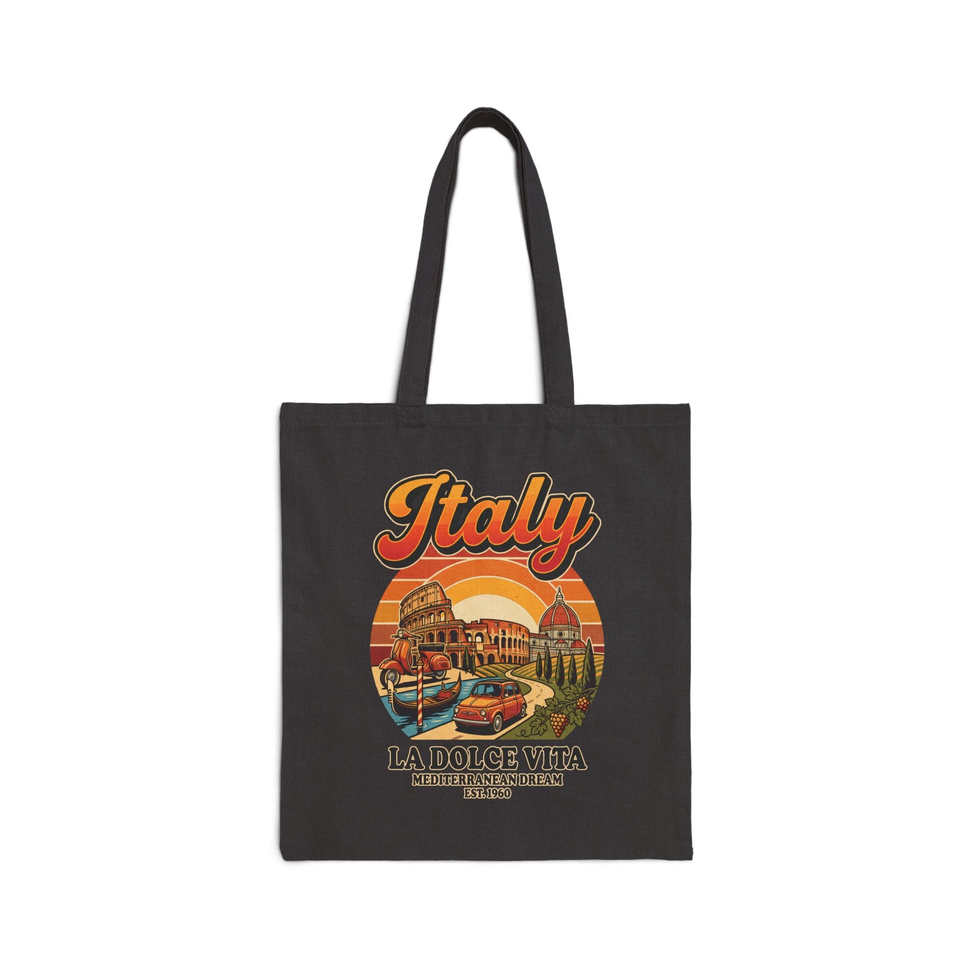 Black canvas tote bag with centered Italy graphic and long fabric handles