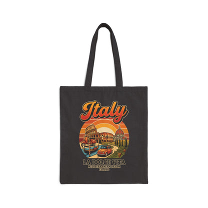 Black canvas tote bag with centered Italy graphic and long fabric handles