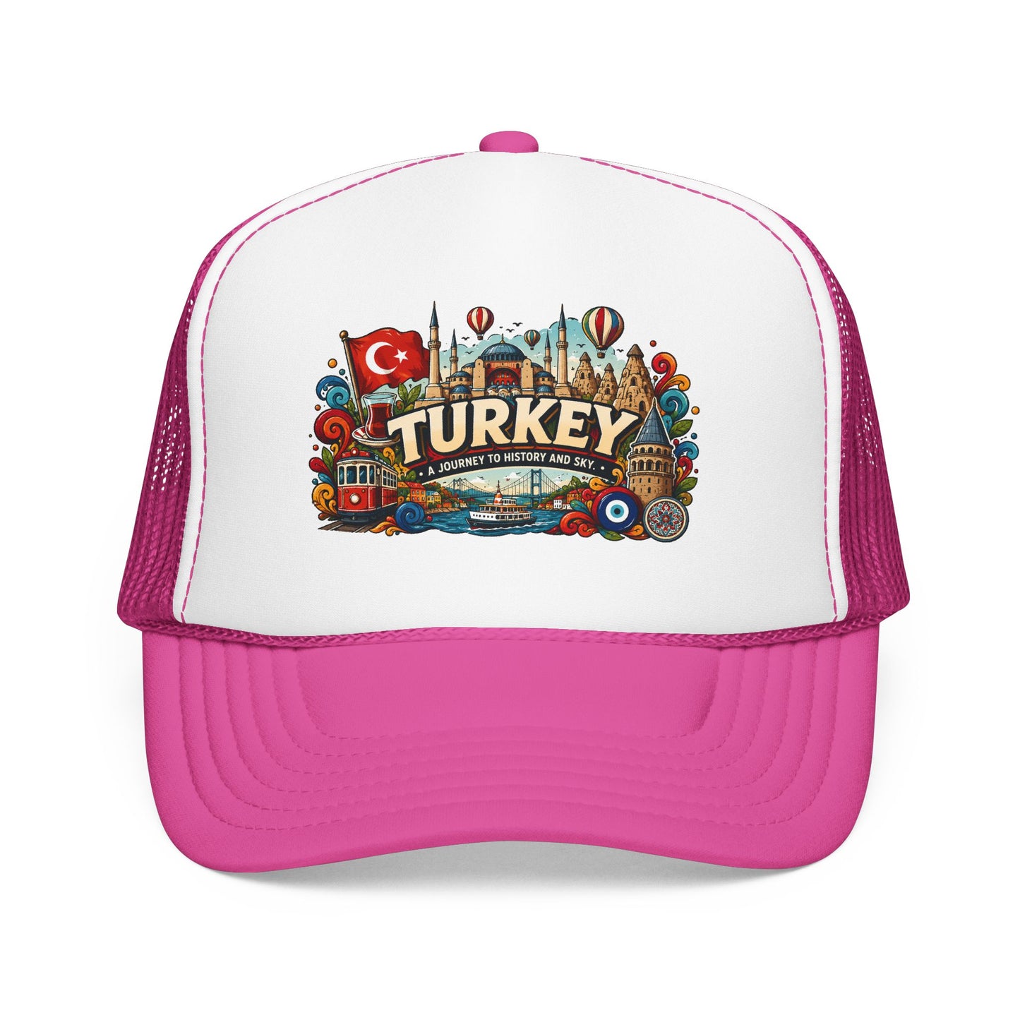 Turkey trucker hat with white front, magenta mesh sides, and Turkey graphic patch