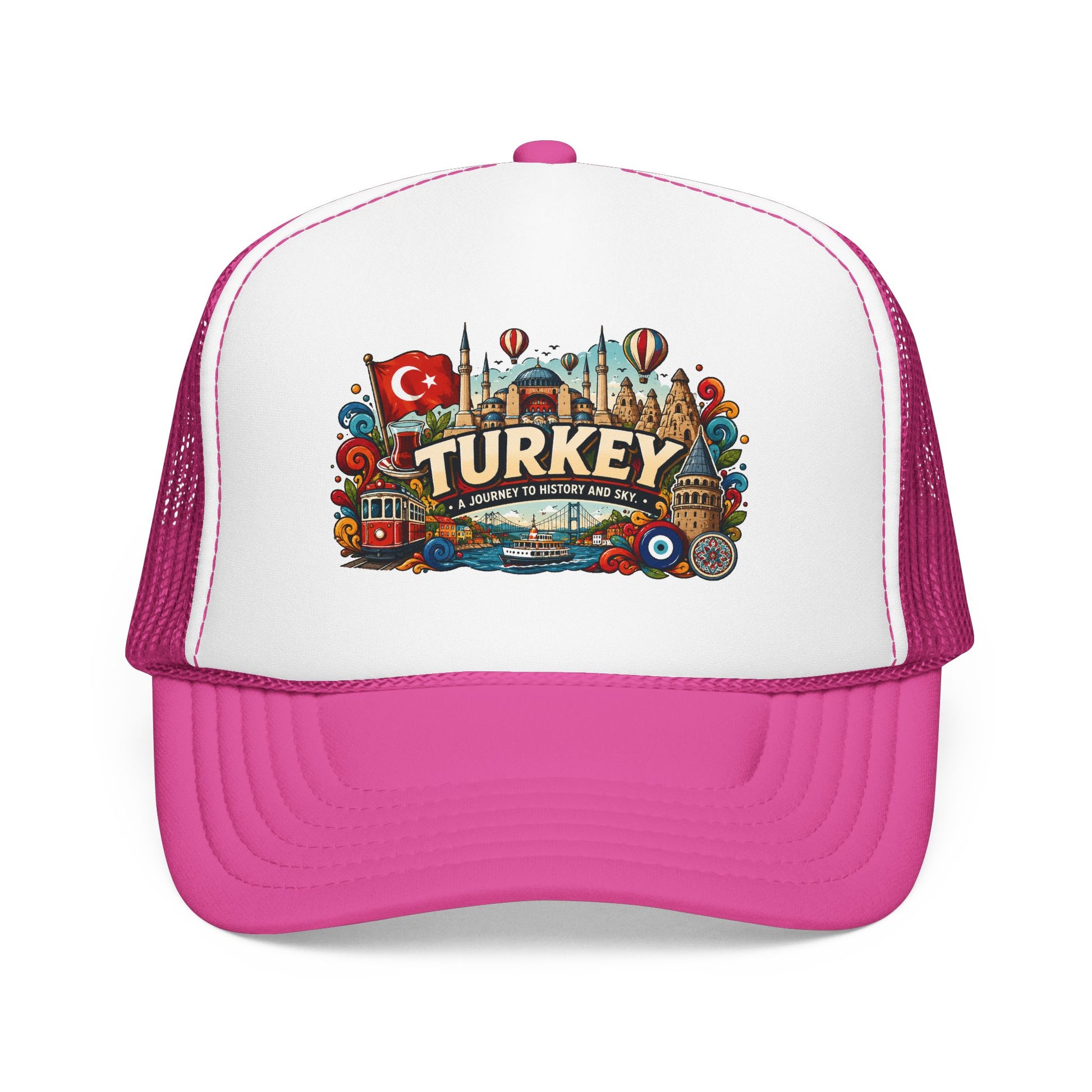 Turkey trucker hat with white front, magenta mesh sides, and Turkey graphic patch
