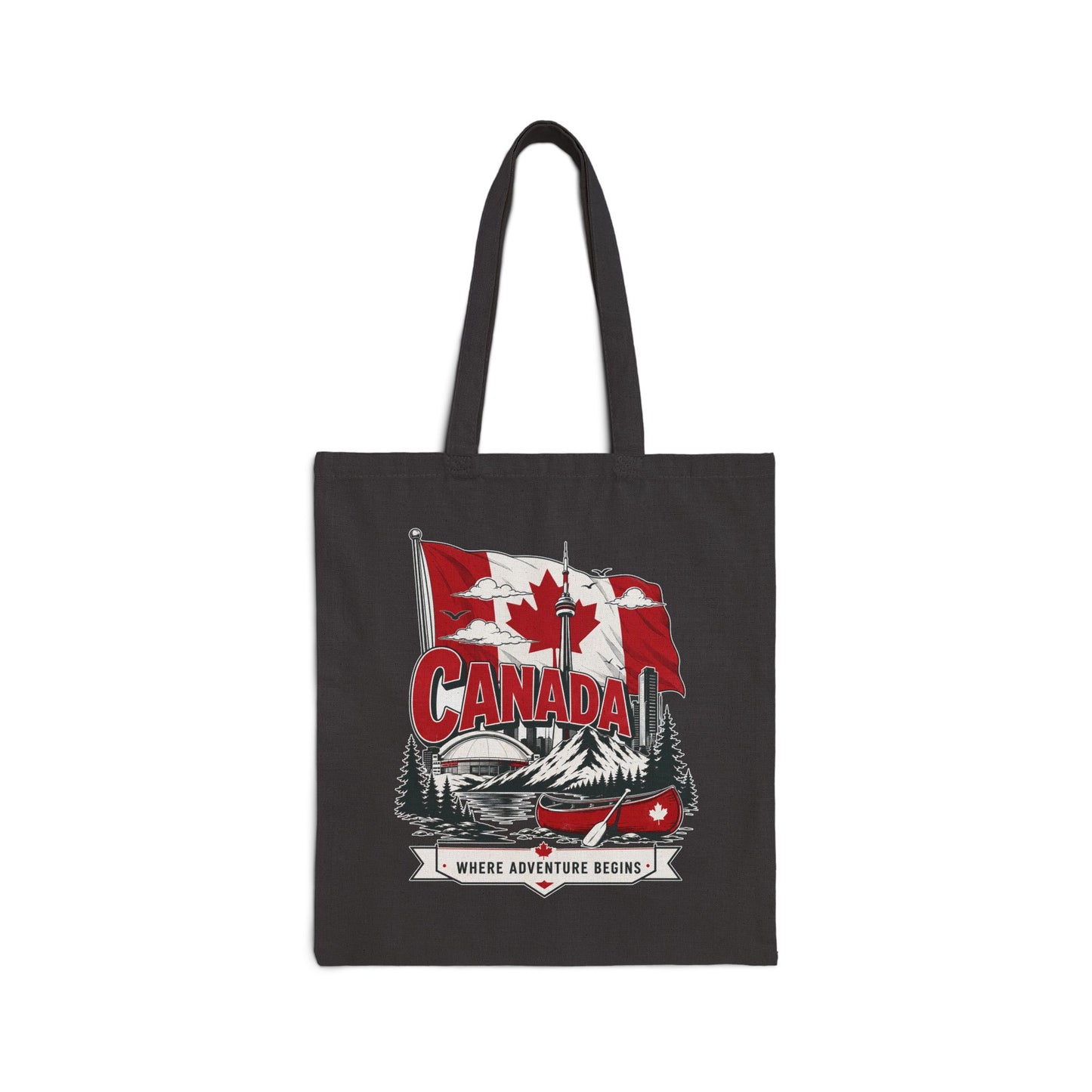 Black canvas tote bag with Canada flag canoe graphic on front