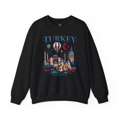 Black turkey travel sweatshirt with long sleeves and colorful front graphic