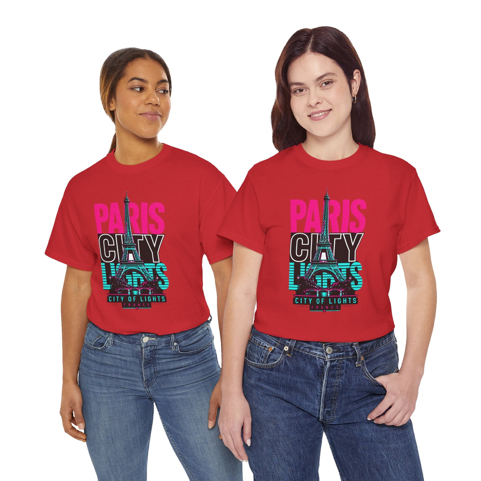 Red crewneck T-shirt with PARIS CITY OF LIGHTS Eiffel graphic