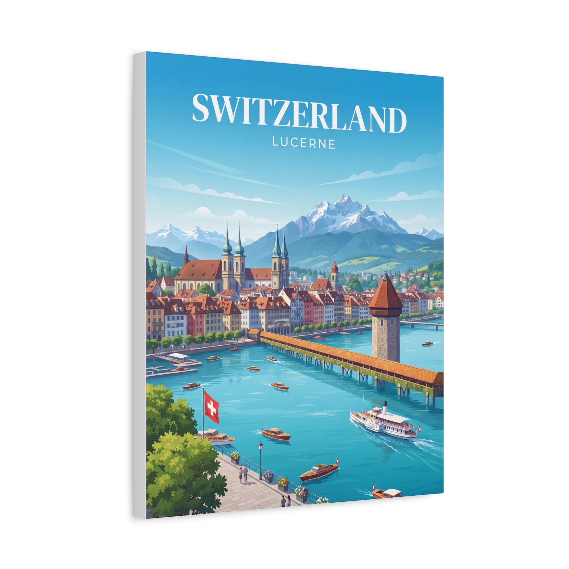 Matte canvas wall art showing Switzerland Lucerne river with boats and bridge skyline