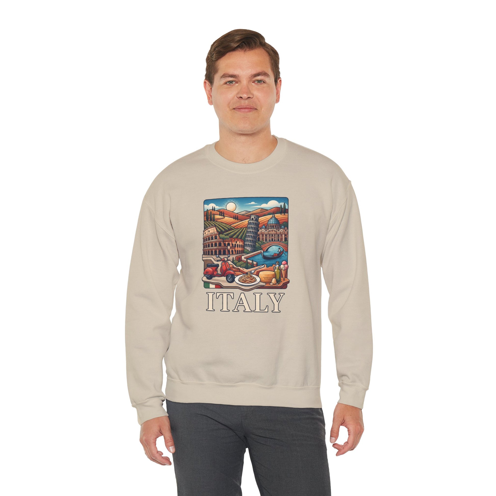Light tan travel sweatshirt with long sleeves and front “ITALY” graphic