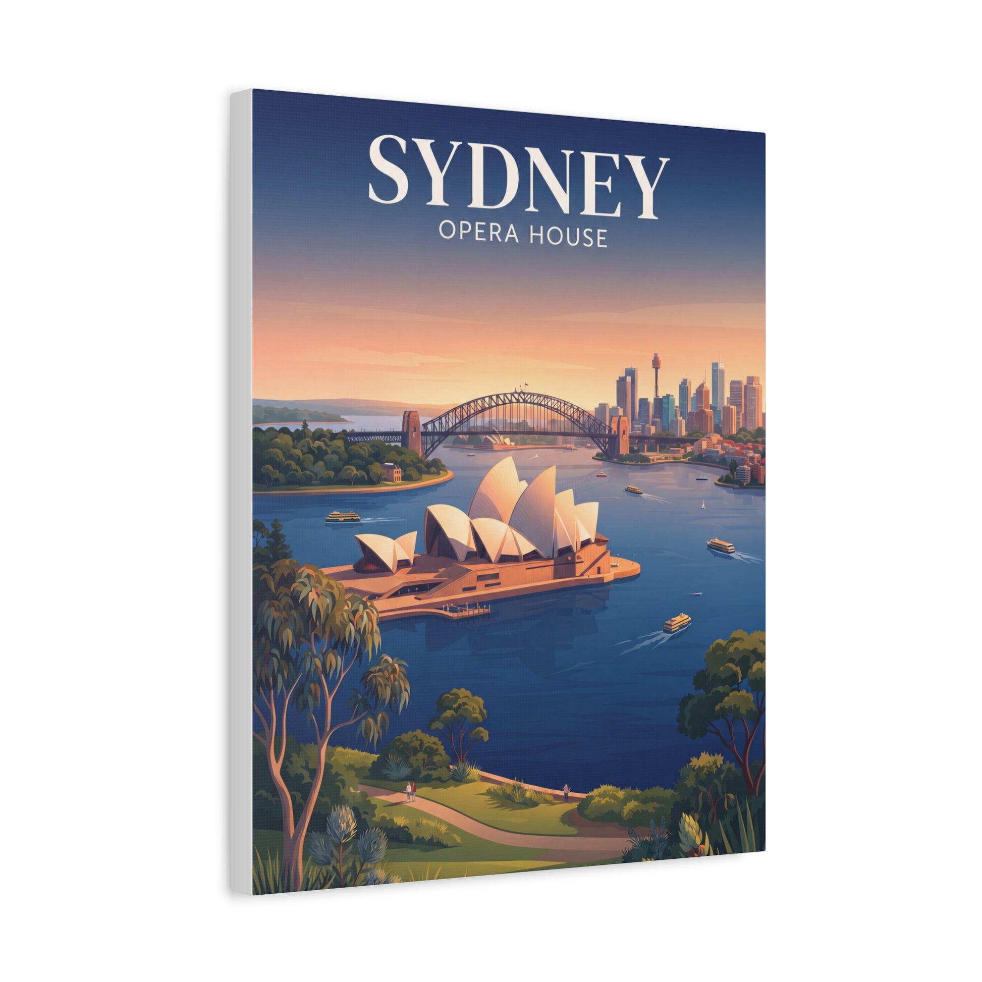 Rectangular canvas wall art with Sydney Opera House scene and blue “SYDNEY” lettering