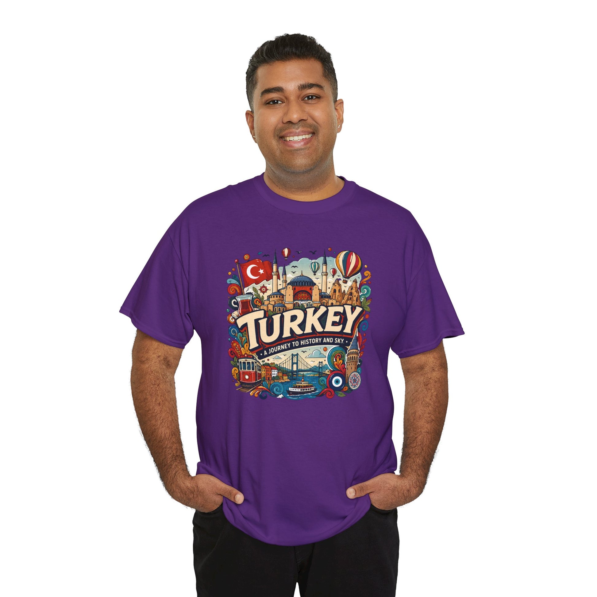 Purple graphic tee with colorful Turkey travel-themed front print