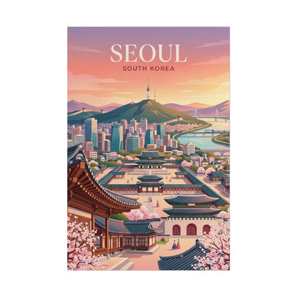 South Korea cityscape rolled poster with SEOUl title, waterfront roads, and pagoda rooftops