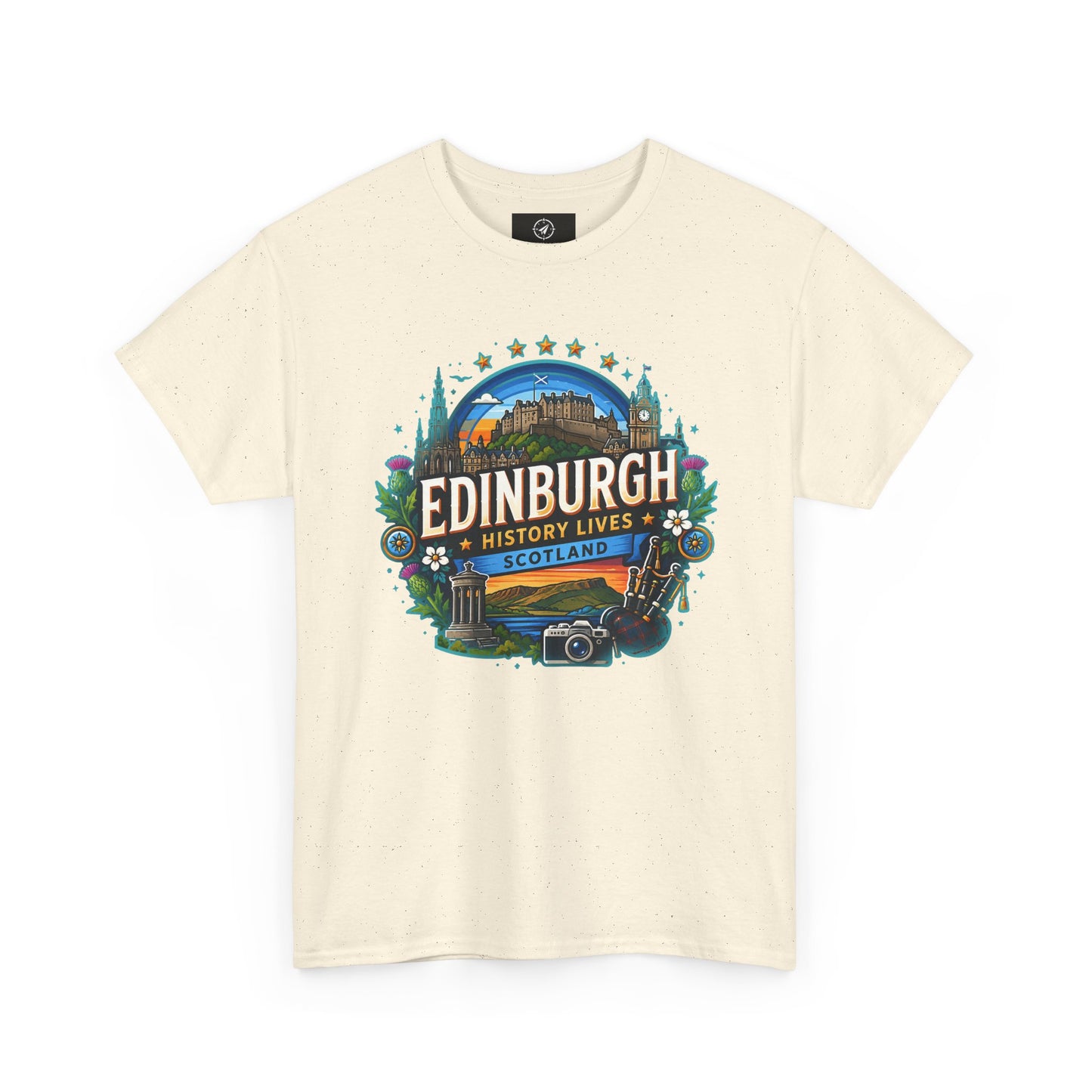 Natural travel T-shirt with crew neck and colorful Edinburgh front graphic