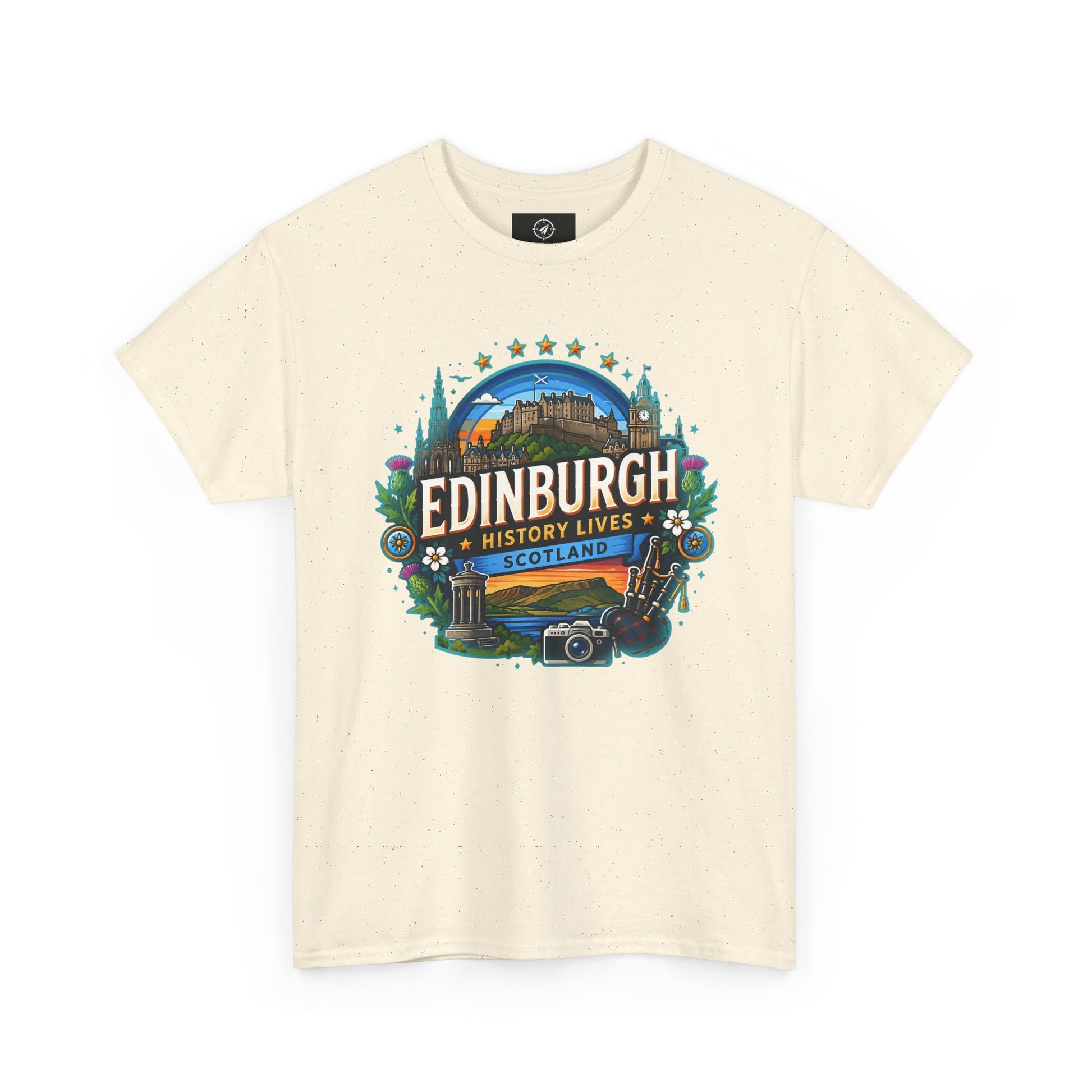 Natural travel T-shirt with crew neck and colorful Edinburgh front graphic