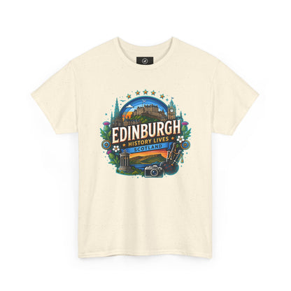 Natural travel T-shirt with crew neck and colorful Edinburgh front graphic