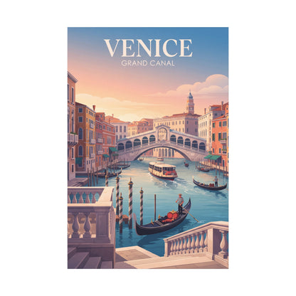 Venice canal matte canvas print featuring boats on Grand Canal with bridge