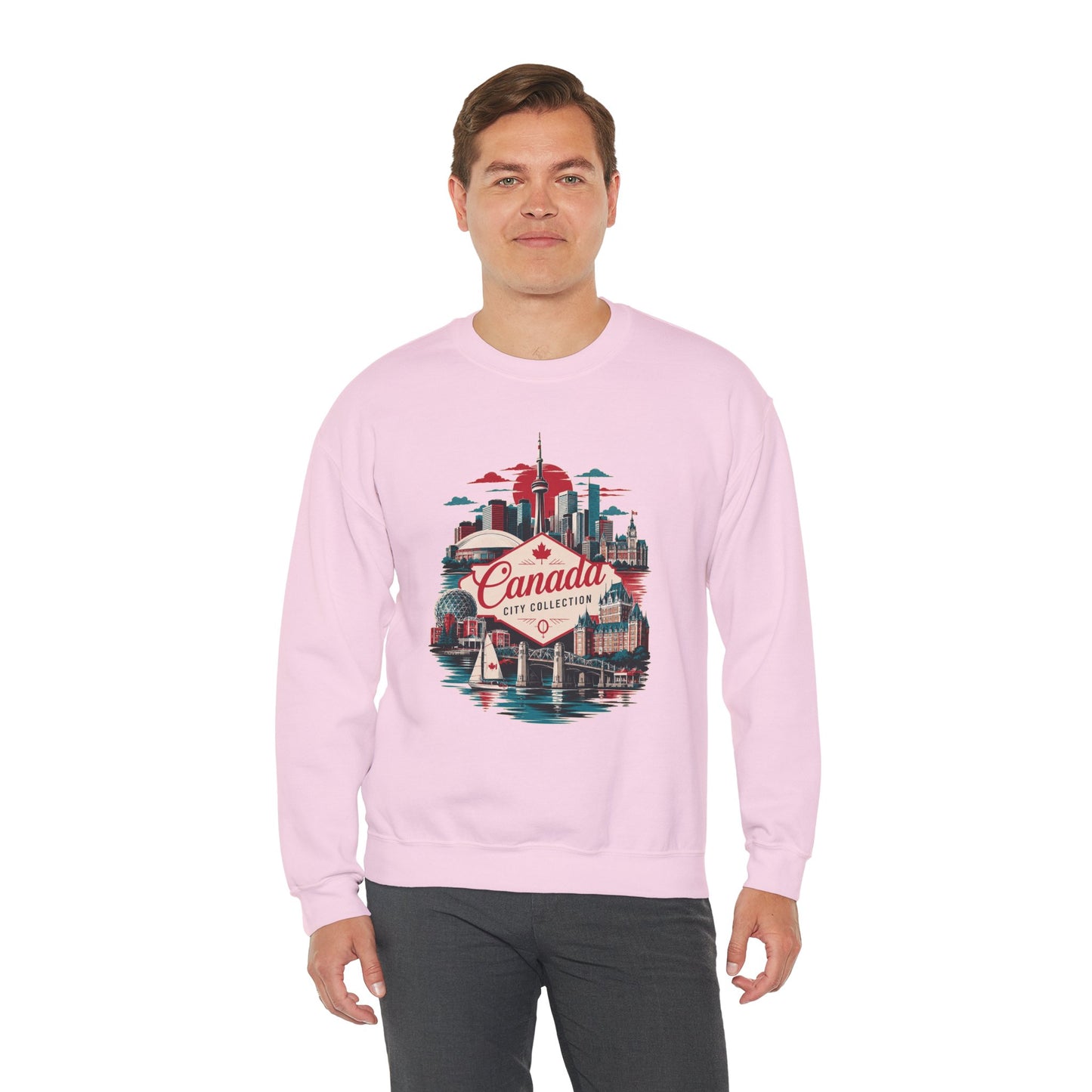 Light pink crewneck sweatshirt with colorful Canada skyline graphic at front