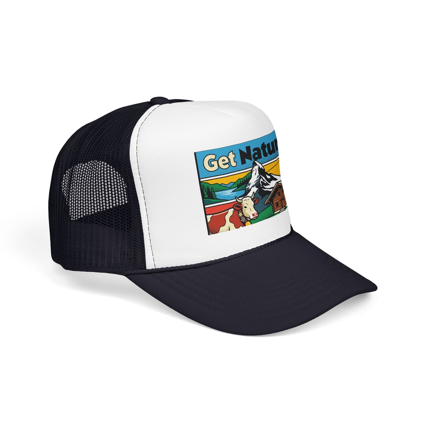 Black and white trucker hat with a front alpine scene graphic patch and mesh back.