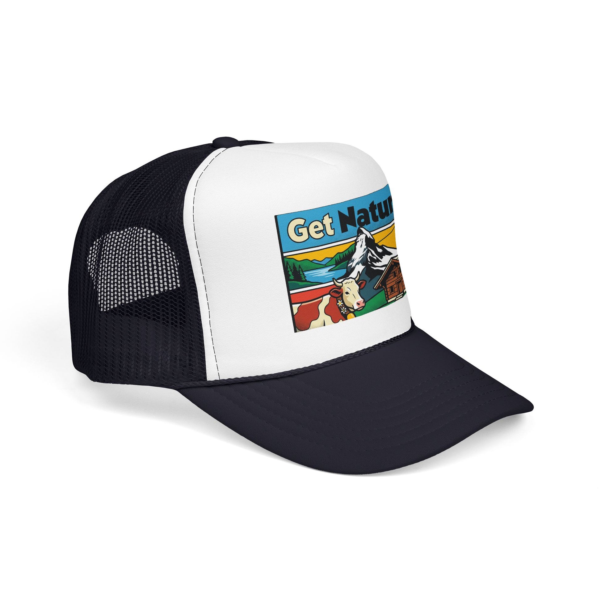 Black and white trucker hat with a front alpine scene graphic patch and mesh back.