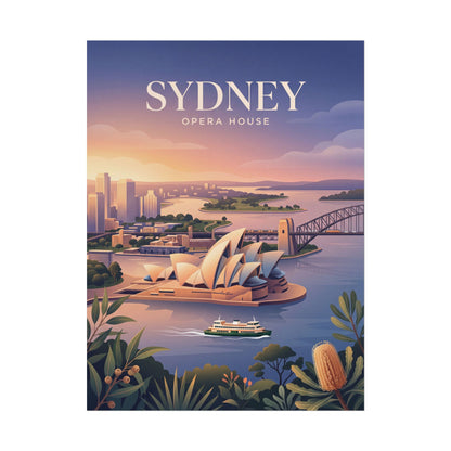 Sydney Opera House rolled poster with sunset skyline, Opera House sails, and SYDNEY title