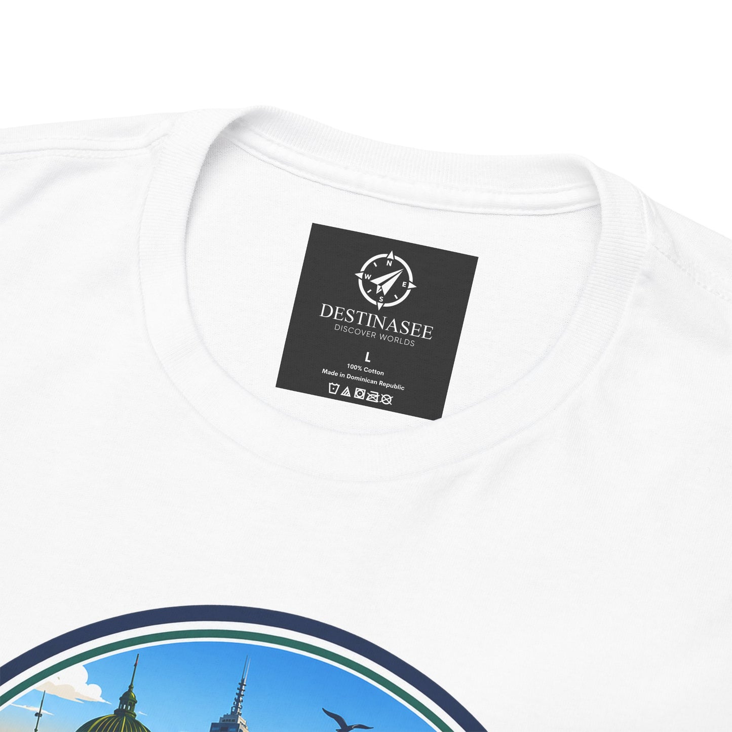 White travel tee back neckline label and partial Victoria Australia graphic