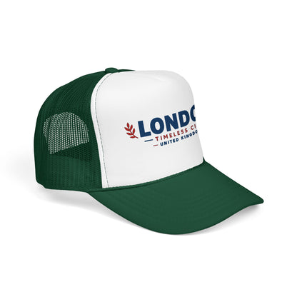 Dark green-and-white trucker hat with white front panel, dark green mesh sides
