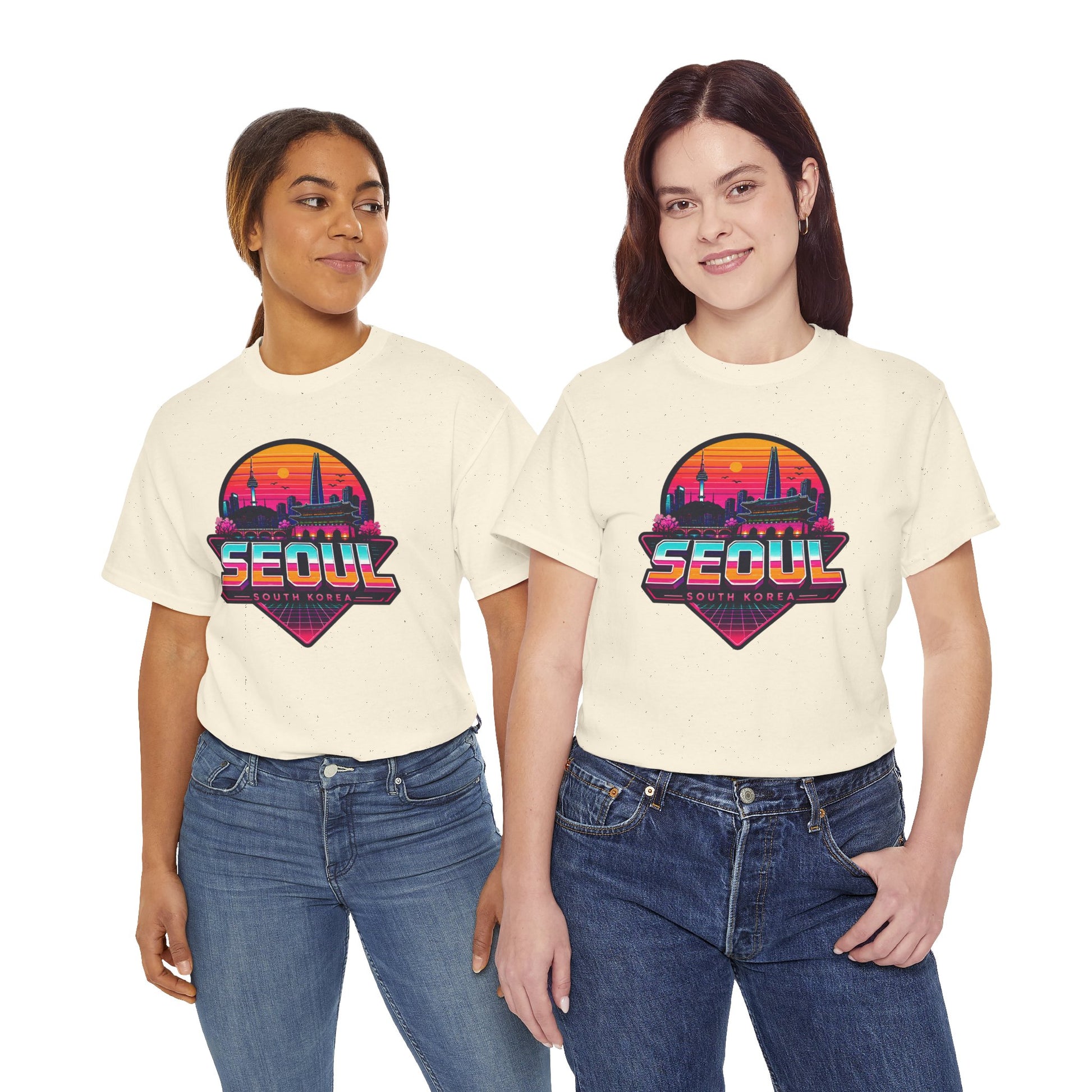 Natural cream t-shirt with Seoul city skyline neon heart graphic on the chest, worn by models