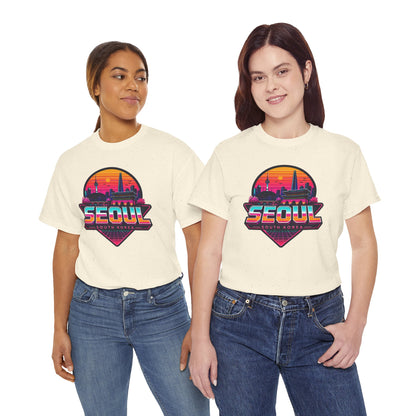 Natural cream t-shirt with Seoul city skyline neon heart graphic on the chest, worn by models