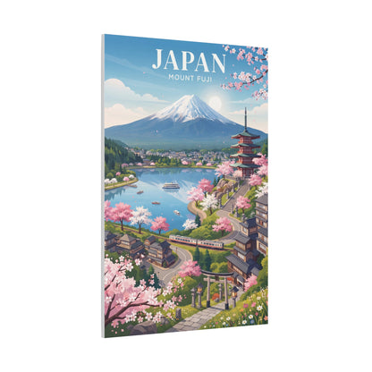 Mount Fuji cherry blossom scenic stretched canvas wall art, pagoda and winding train