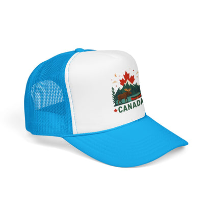 Blue and white trucker hat with mesh side panels and Canada graphic on front