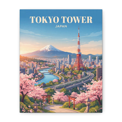 Matte canvas wall art showing Tokyo Tower, Mt. Fuji, and cherry blossom scenery.