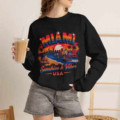 Black crewneck sweatshirt with Miami skyline graphic and Sunshine & Vibes USA print
