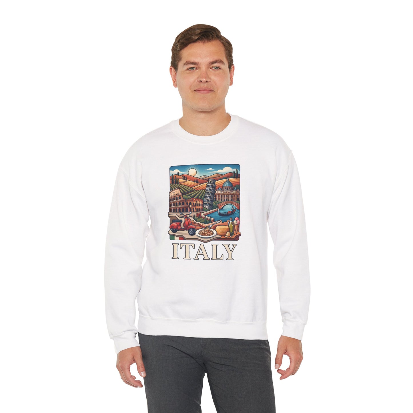 White travel sweatshirt with long sleeves and front “ITALY” graphic
