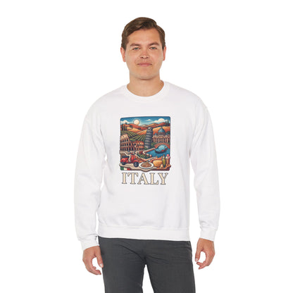White travel sweatshirt with long sleeves and front “ITALY” graphic