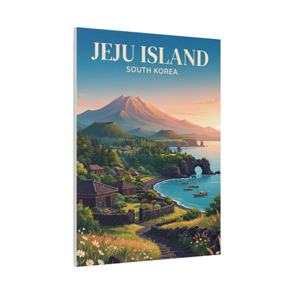 Matte canvas wall art of Jeju Island shoreline with volcano peak, boats, and houses.