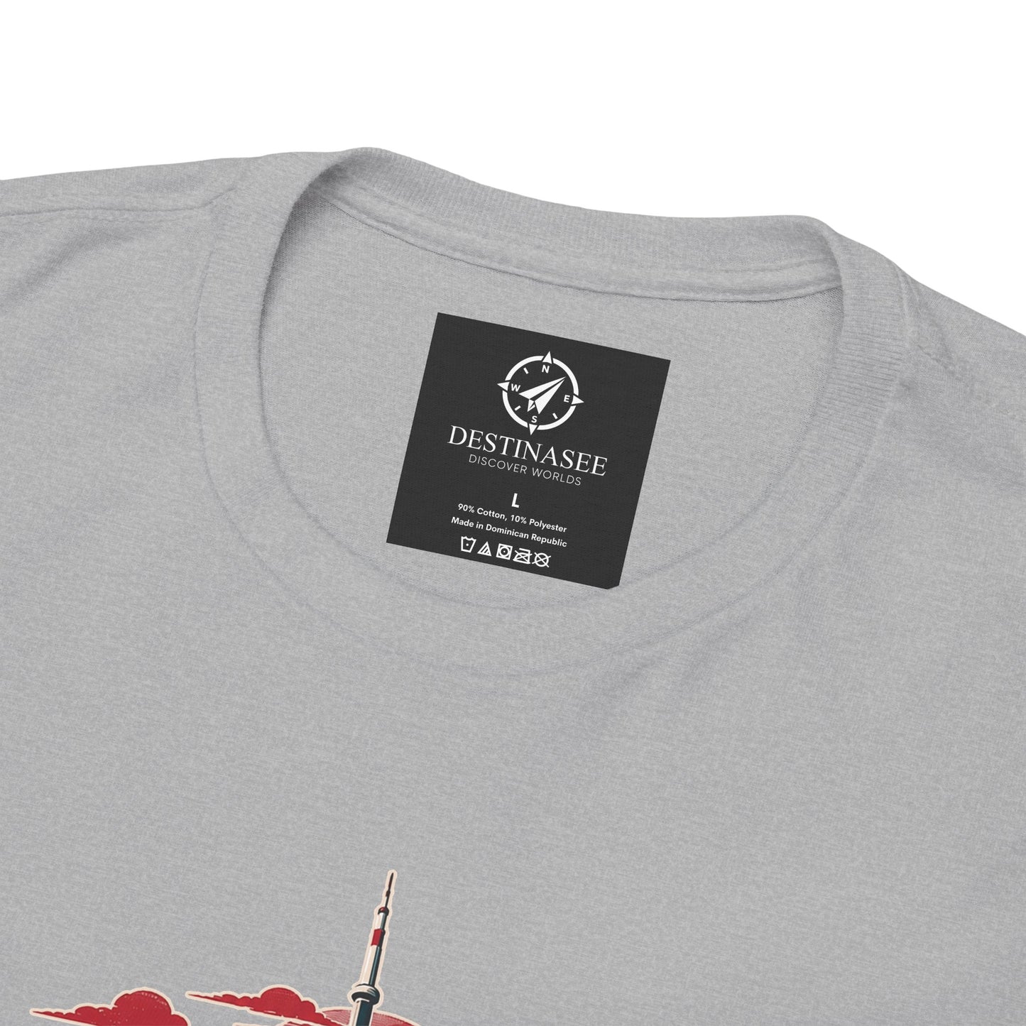 Charcoal T-shirt back neckline with black brand label and partial skyline artwork