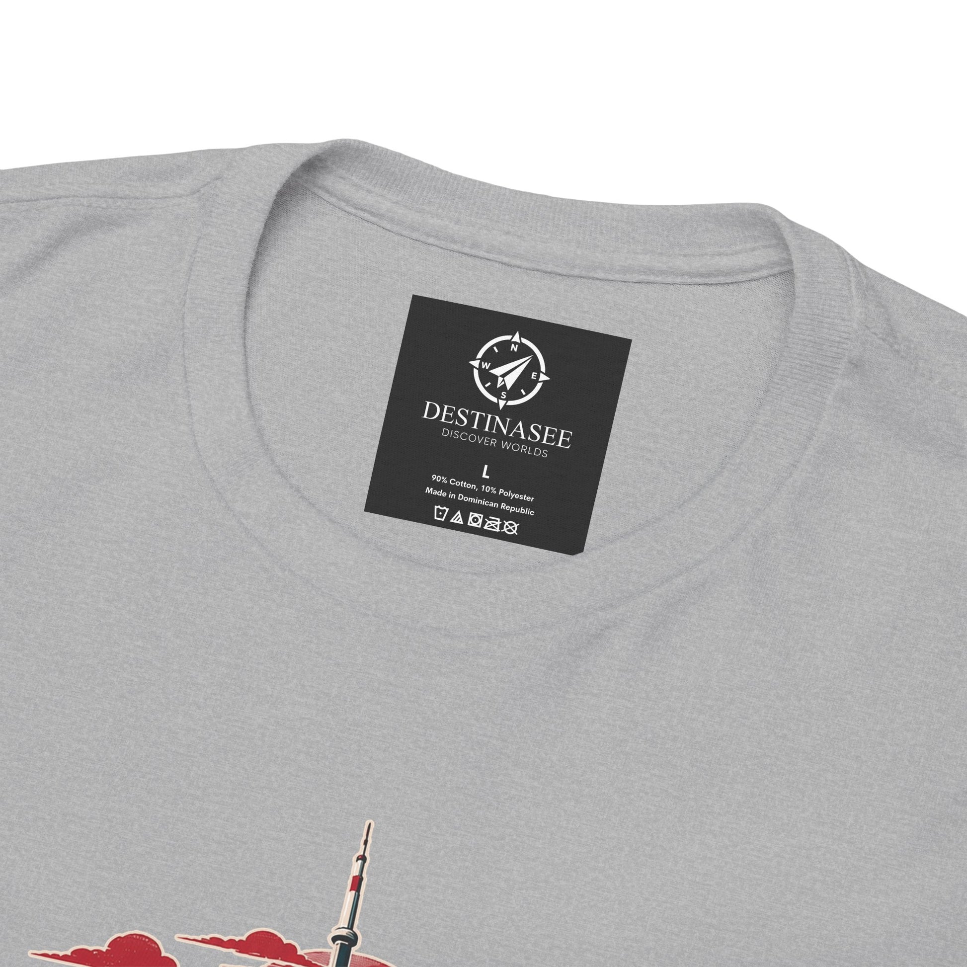Charcoal T-shirt back neckline with black brand label and partial skyline artwork