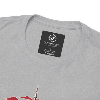 Charcoal T-shirt back neckline with black brand label and partial skyline artwork
