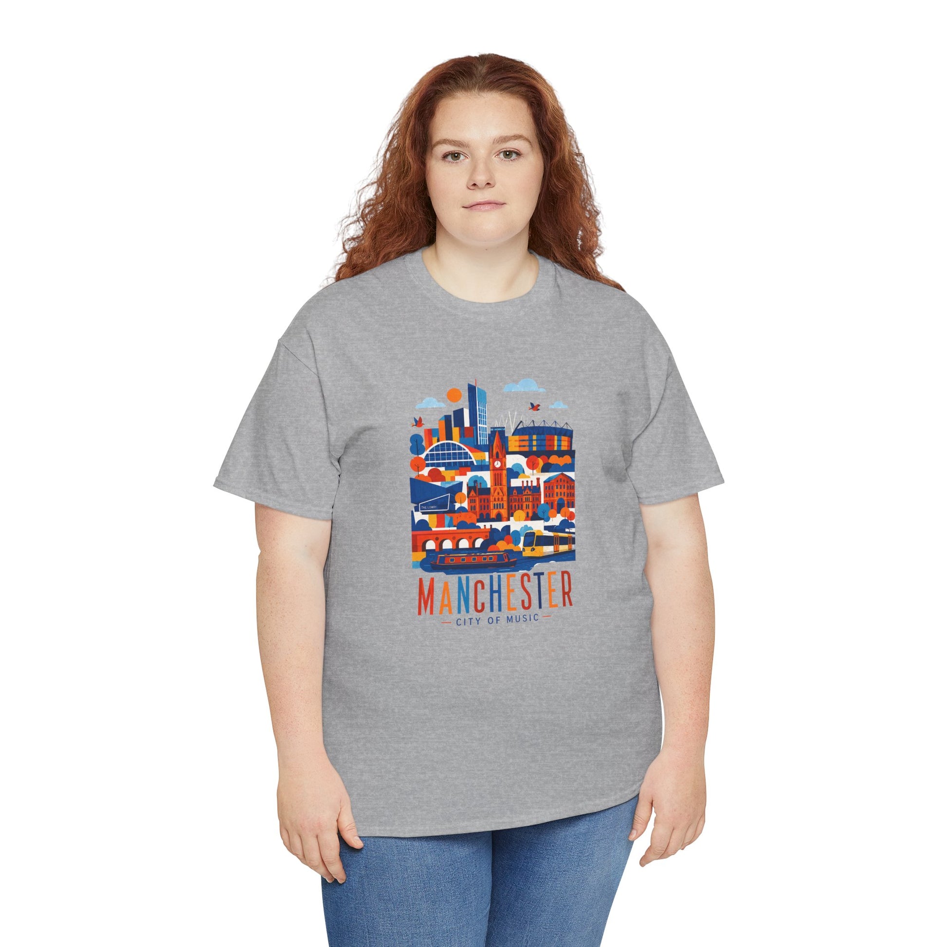 Light gray t-shirt with multicolor Manchester skyline graphic on front